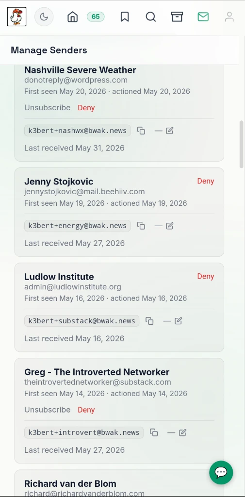 Bwak.news sender aliases